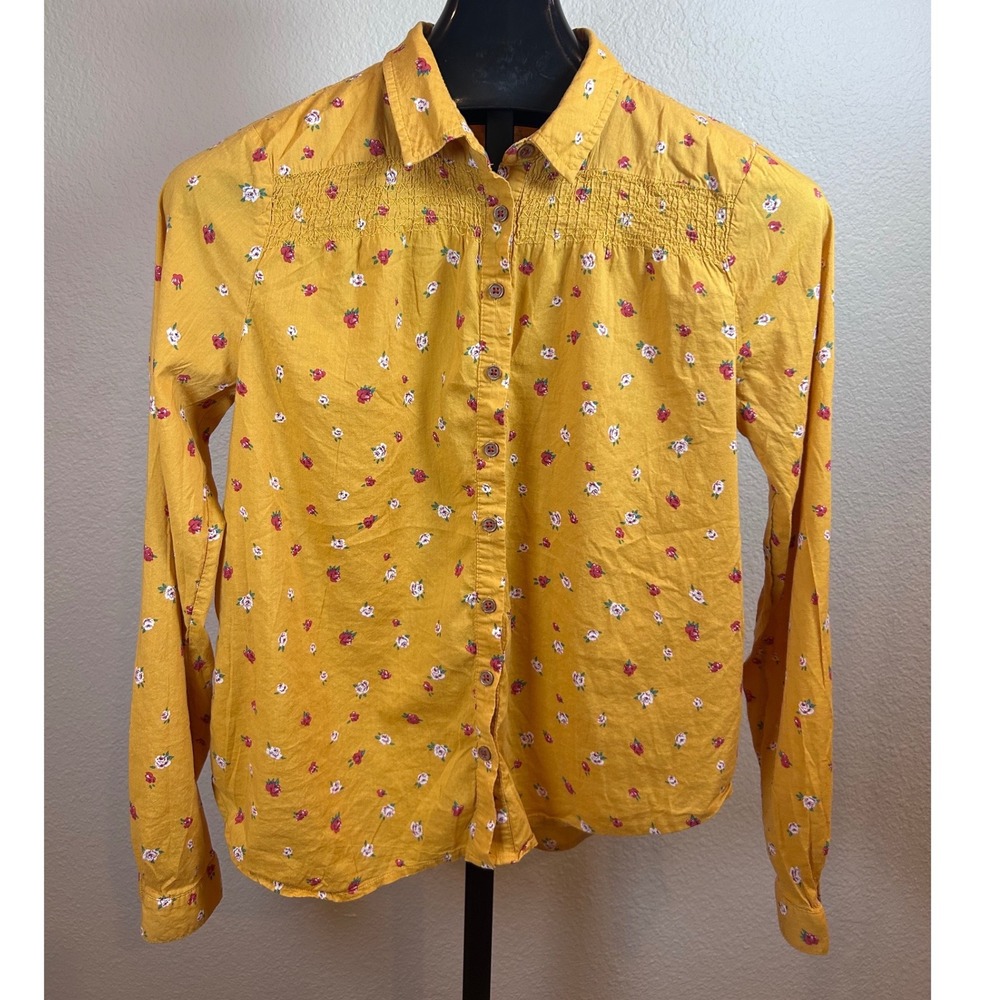 Maeve Anthropologie Mustard Yellow Floral Smocked Button Down Shirt Womens 10